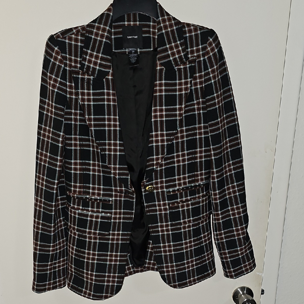 Smythe Black Plaid Single-Button Blazer with Brown Windowpane
